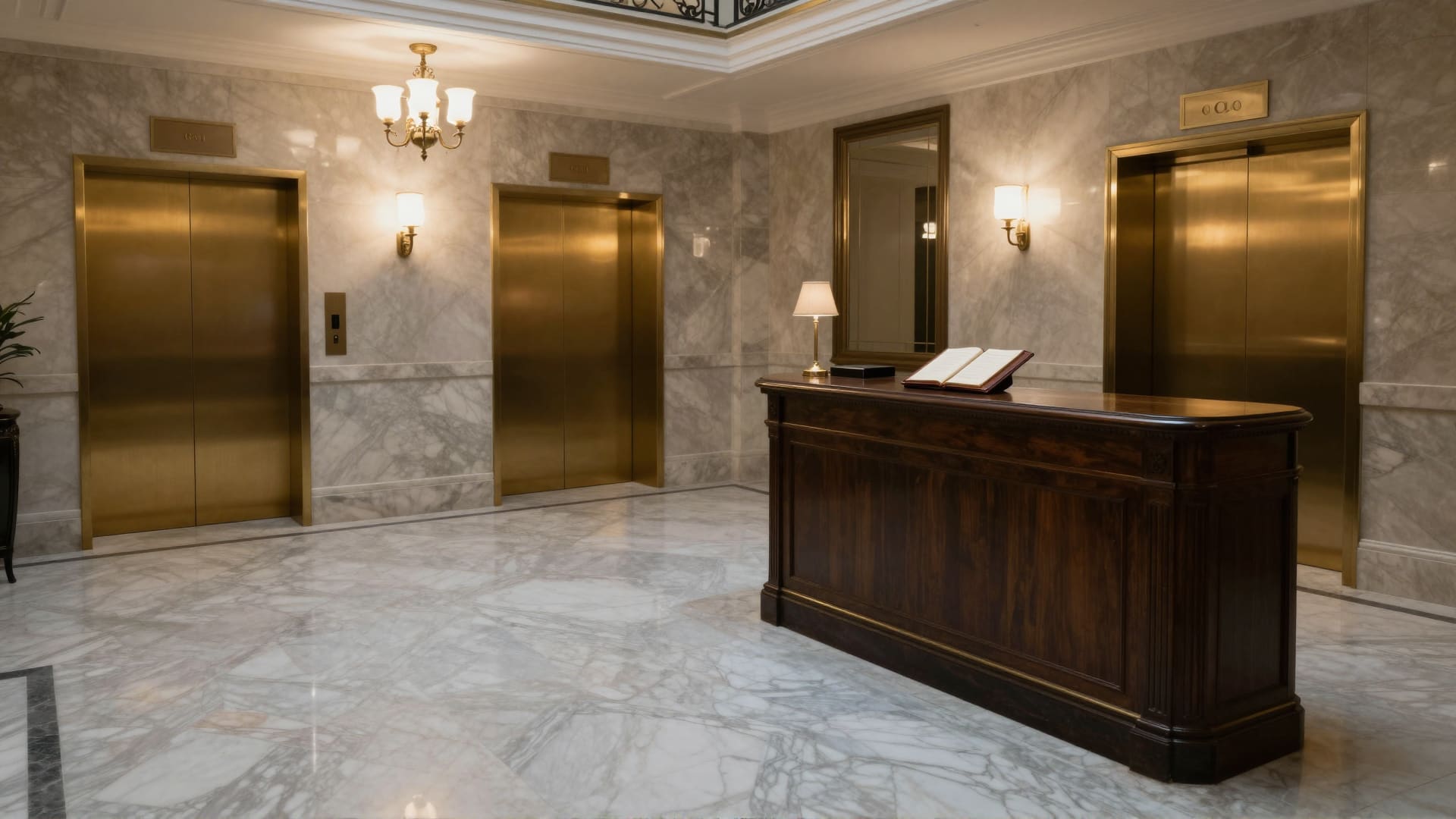 A quiet Paris hotel lobby in the evening, ready to receive a guest