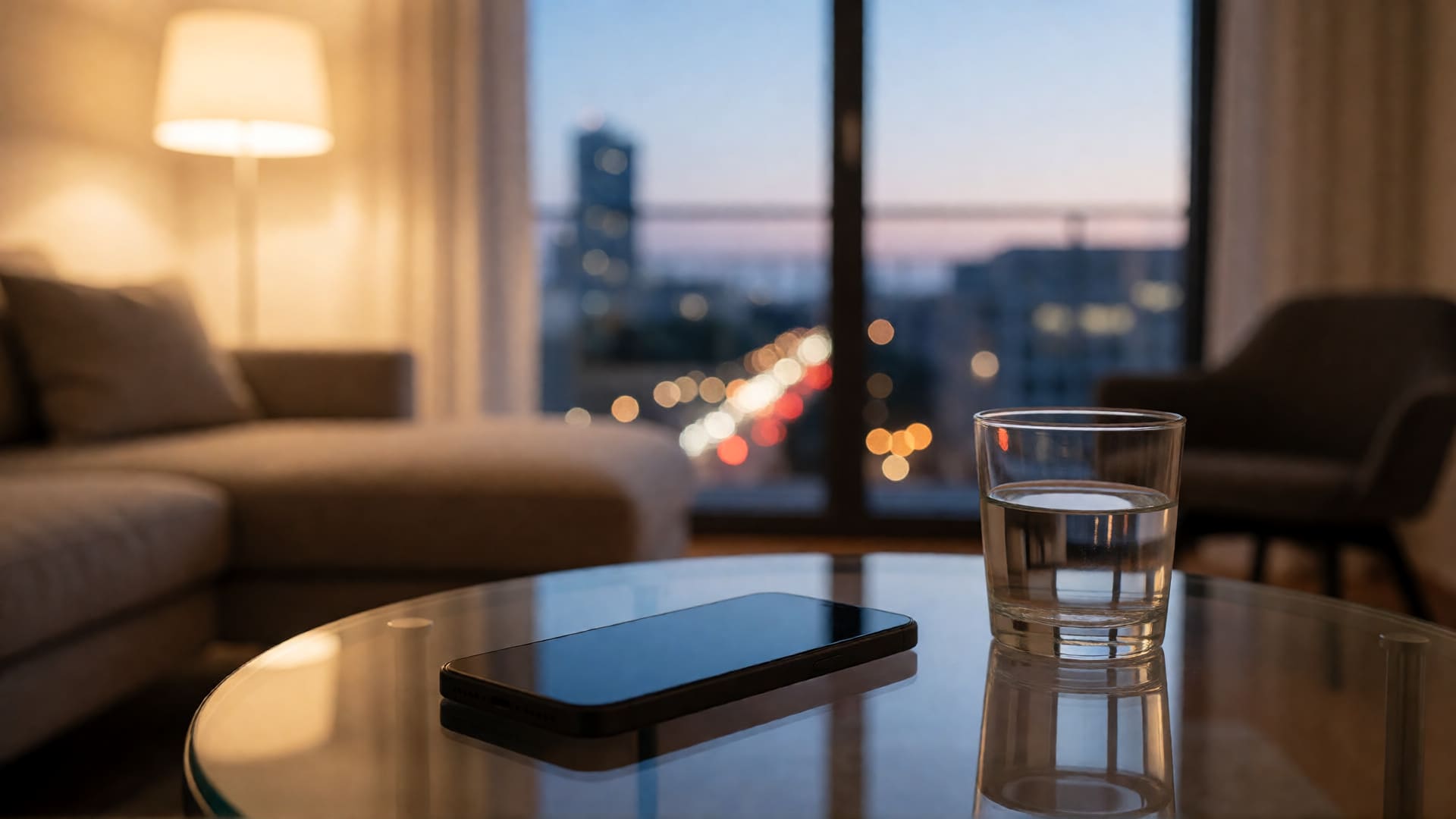 Modern Berlin apartment interior with smartphone and city view