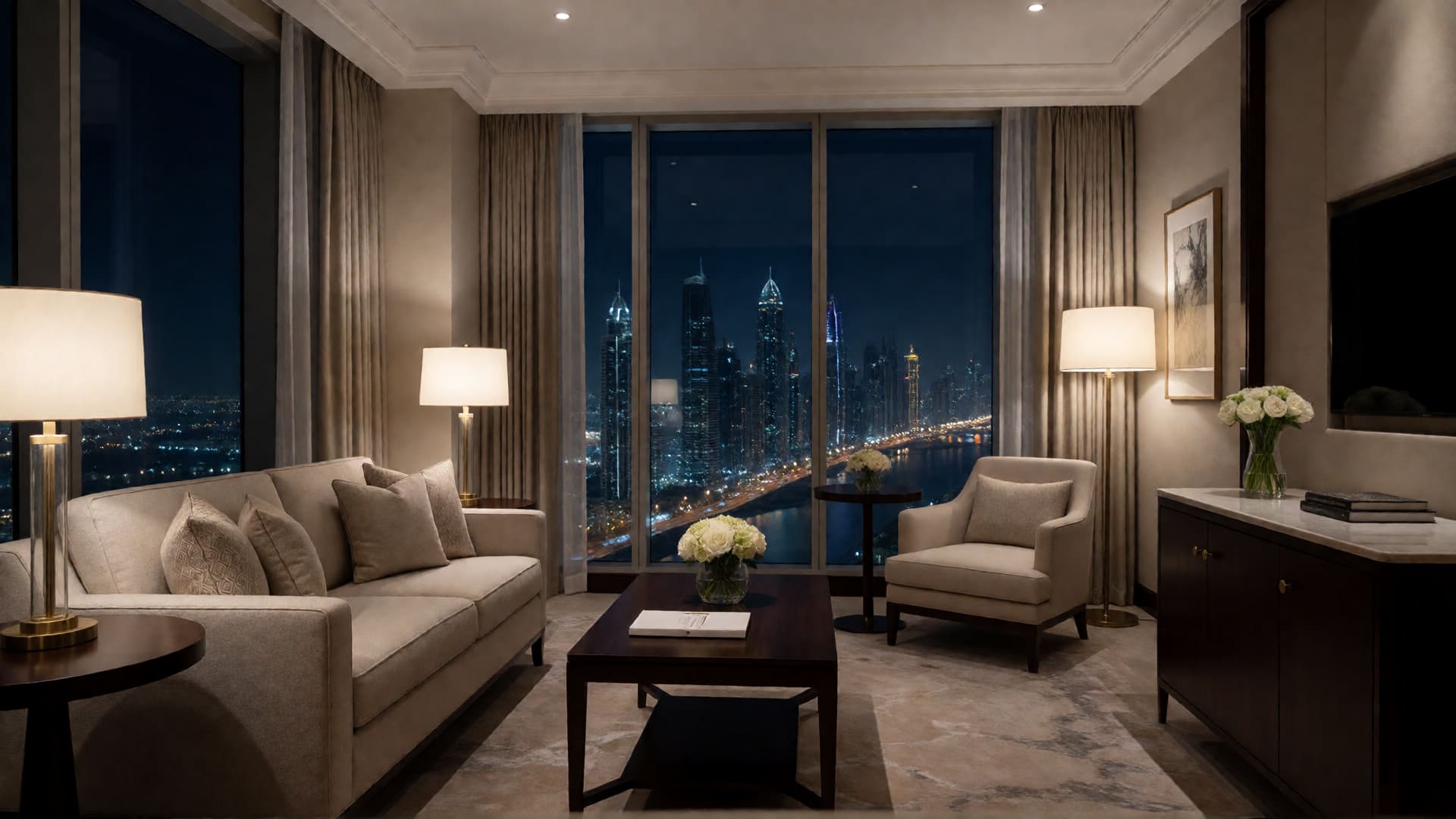 Elegant hotel suite interior in Dubai at night