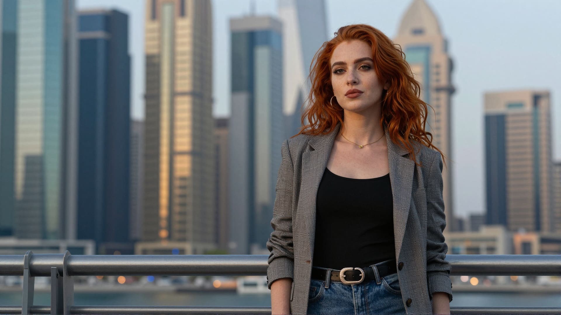 Redhead escort girl in Dubai cityscape
