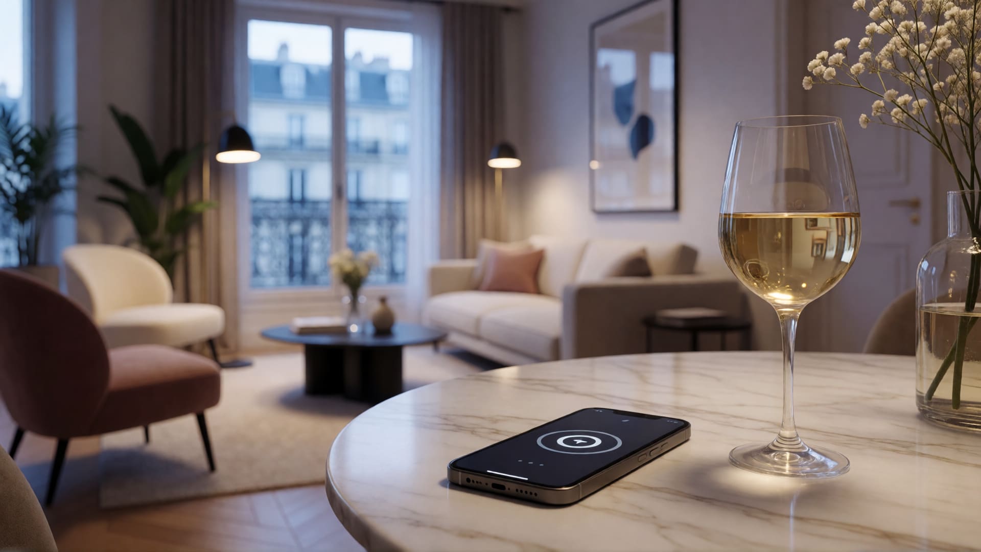 Smartphone on a marble table in a Parisian apartment suggesting last-minute booking