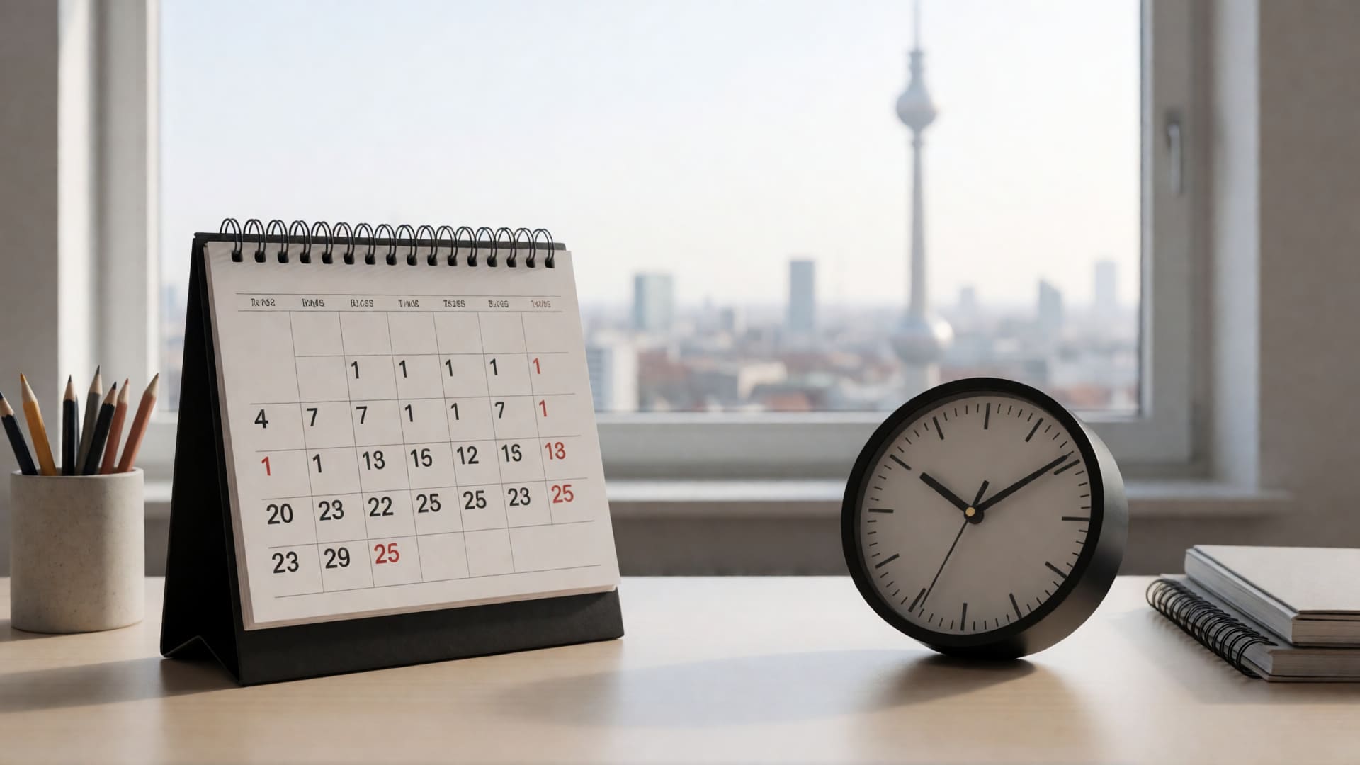 Calendar and clock on desk with Berlin skyline