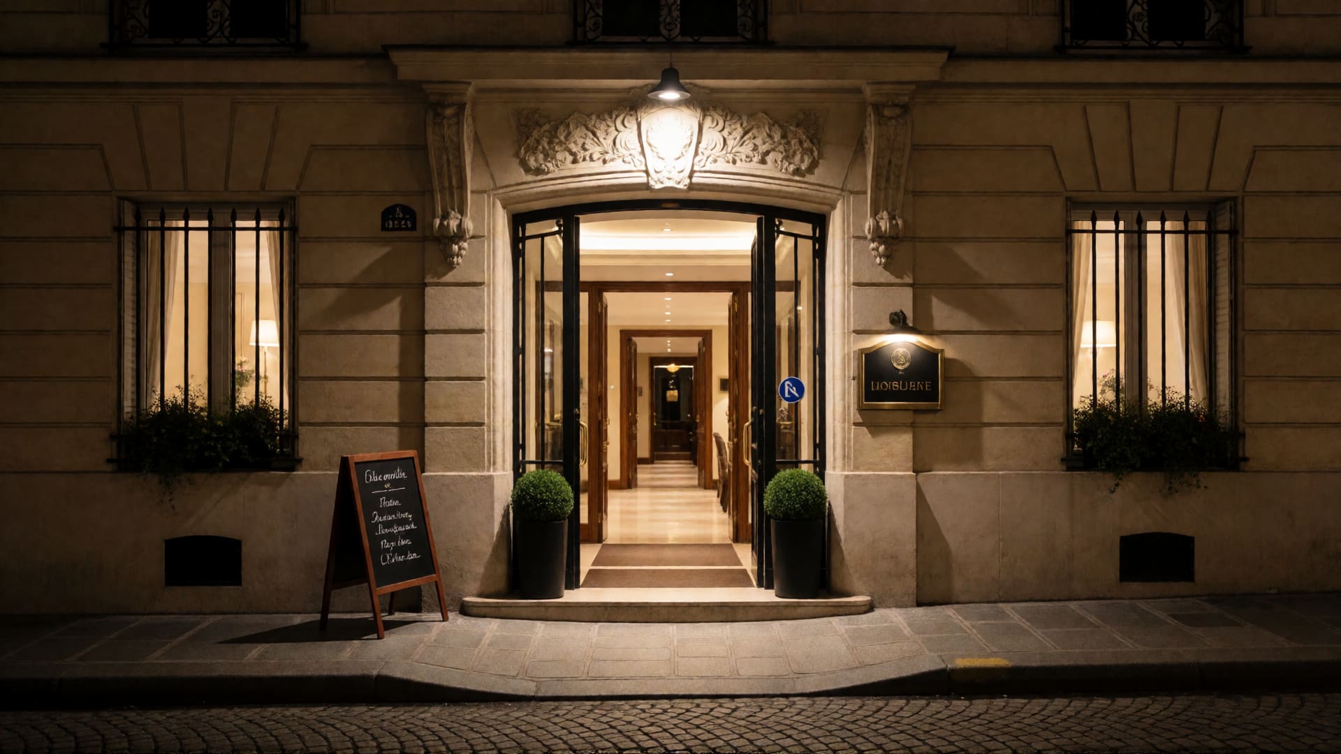 Discreet hotel entrance in Paris at night