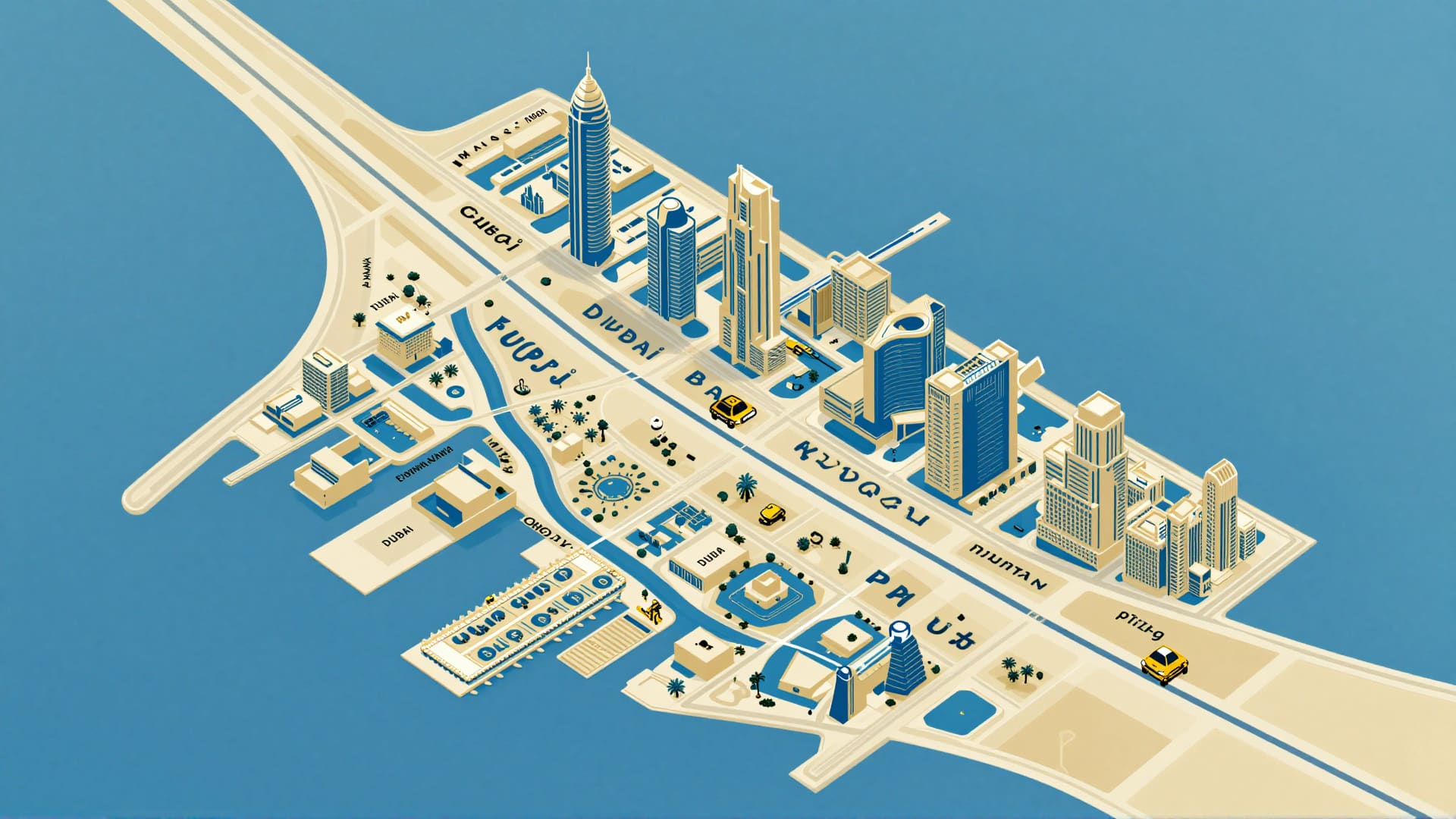 Map of Dubai districts with travel route