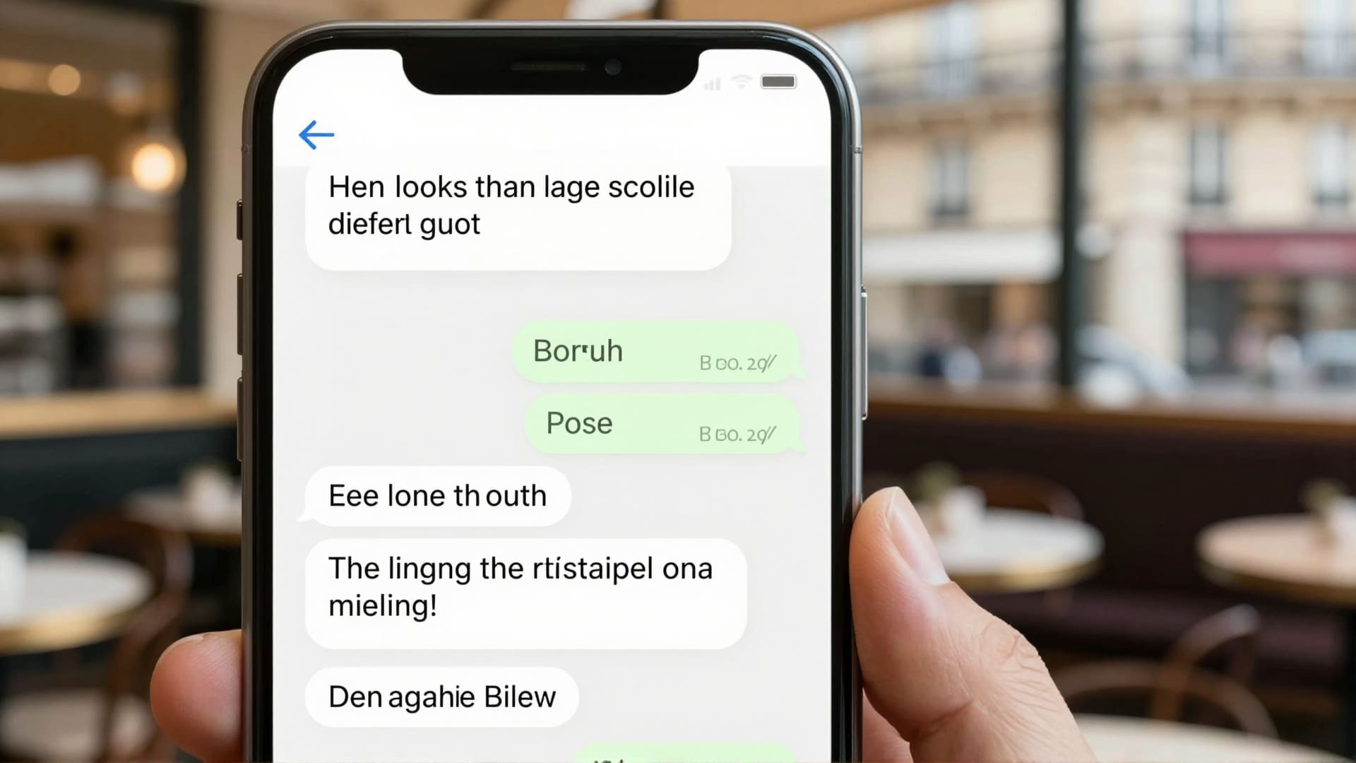 A phone showing a short message exchange in two languages, held against a blurred Paris night