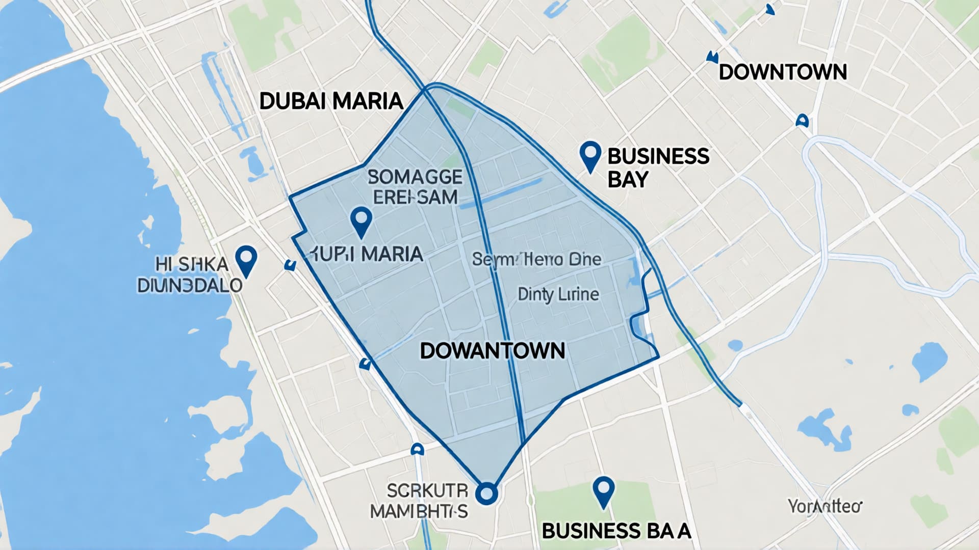 Map of Dubai districts showing travel distances for last-minute meetings