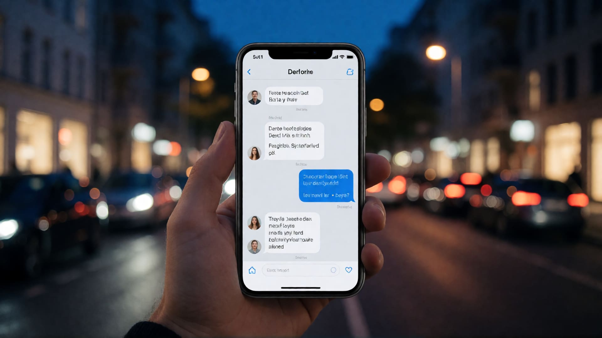 Smartphone displaying messaging app on Berlin street