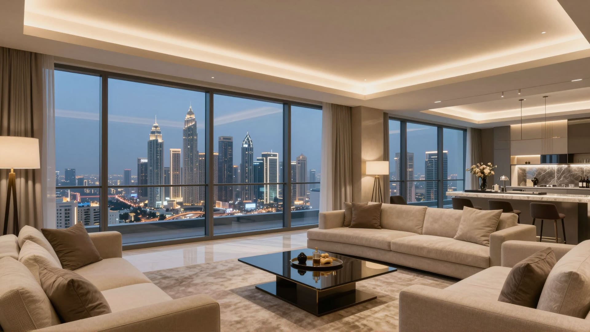 Luxurious high-rise apartment interior in Dubai representing a VIP incall setting