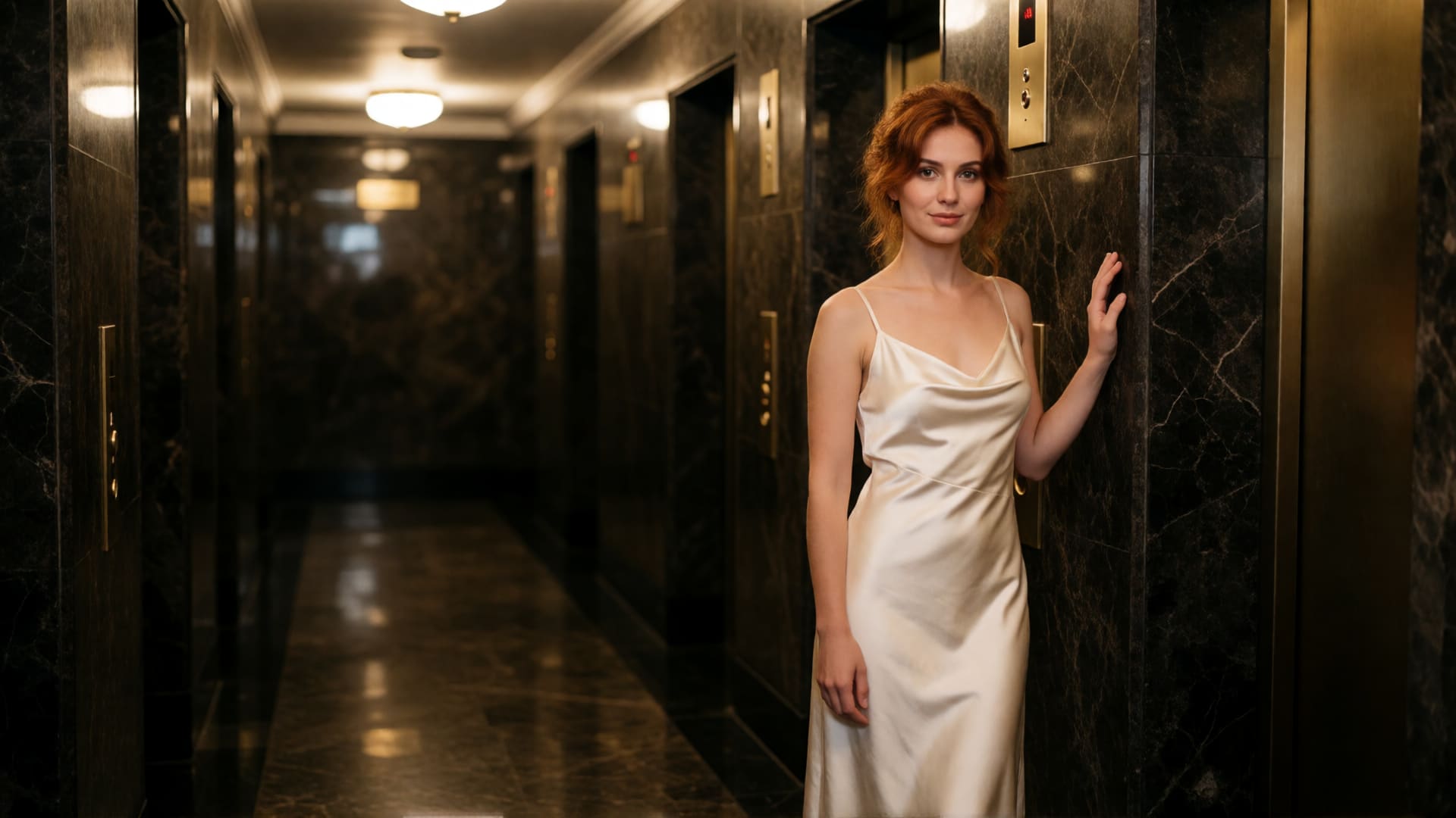 A young Ukrainian woman in ivory satin lingerie leans back against a marble wall in a dark hotel lift lobby lit by warm halogen light.