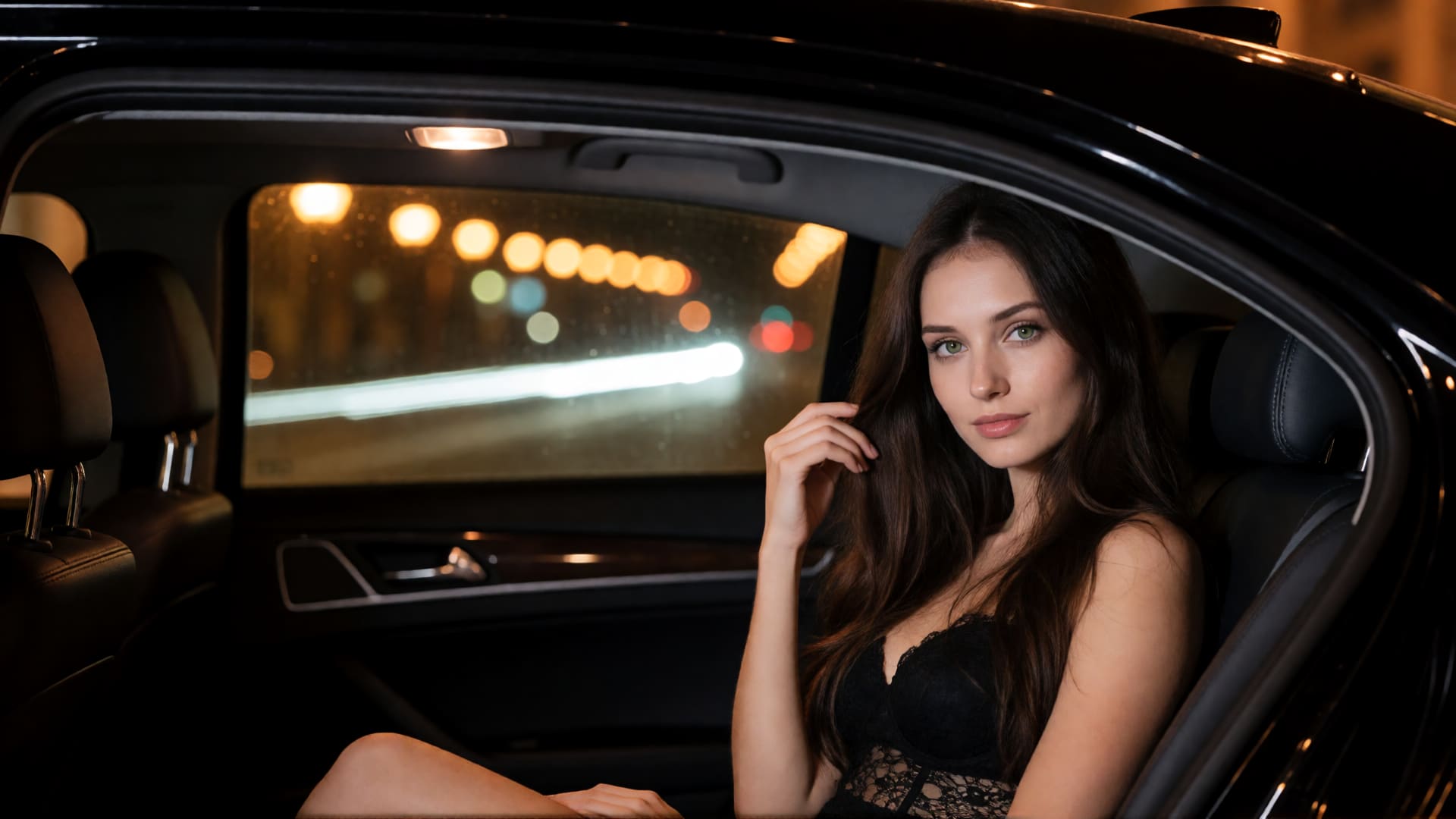 A young Russian woman in black lace lingerie reclines in the back seat of a car at night while city lights streak past the windows.