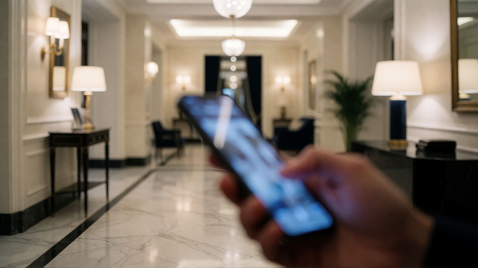 Hand holding a phone in a luxury Parisian hotel lobby