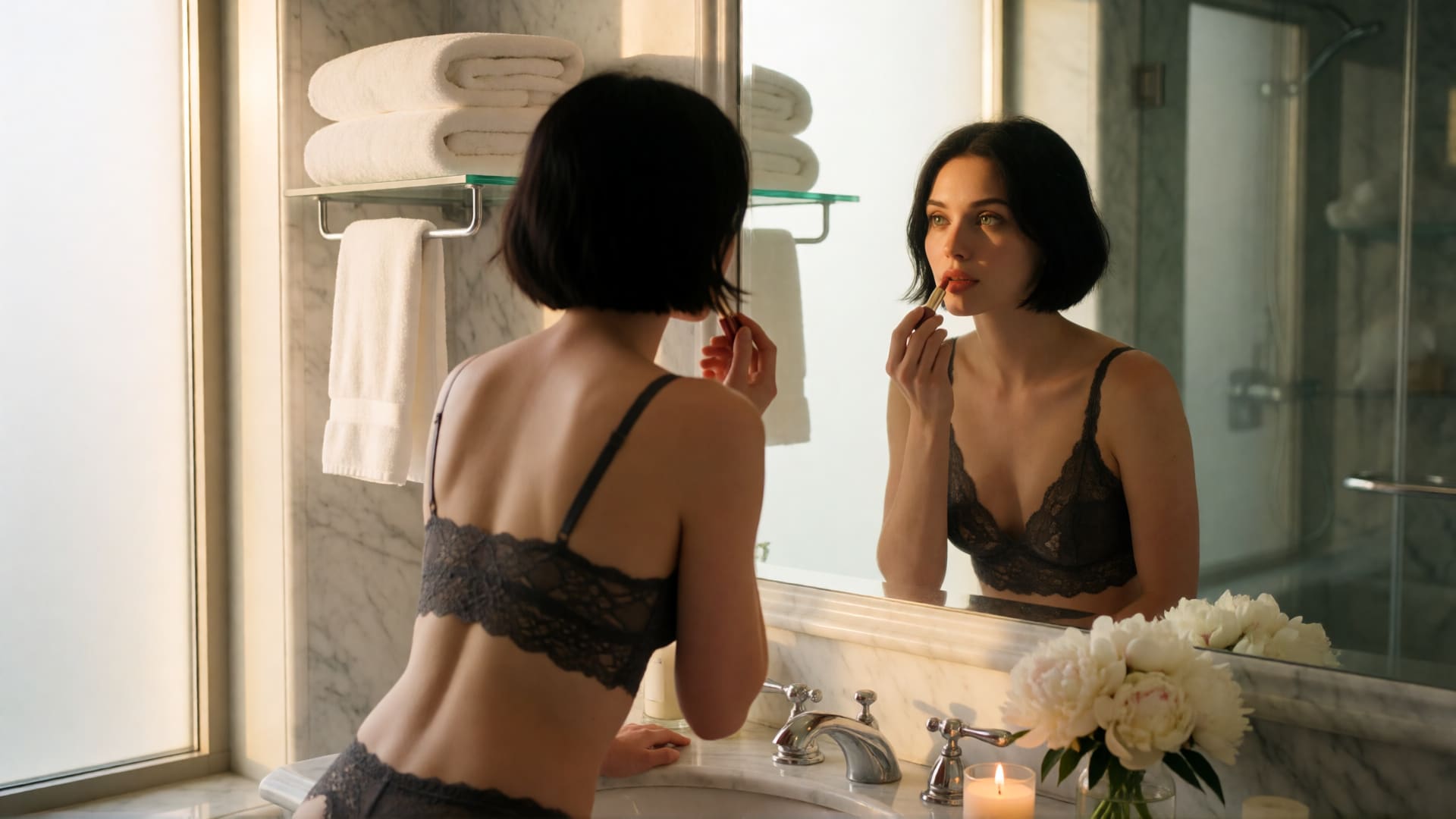 A young woman with a short dark bob stands before a marble vanity in a warmly lit bathroom, checking her lipstick in charcoal lace lingerie.