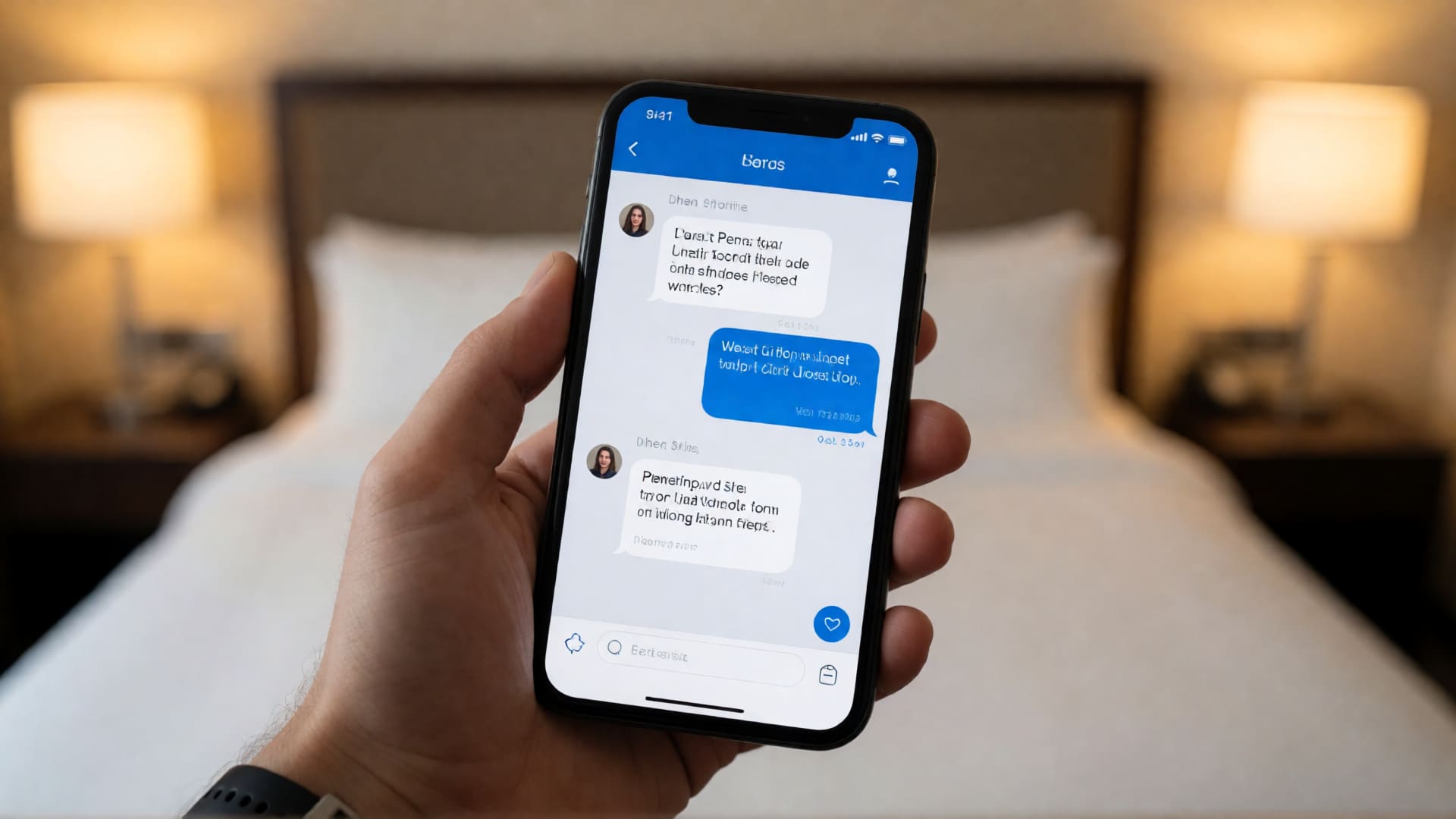 Hand holding smartphone with messaging app for direct contact
