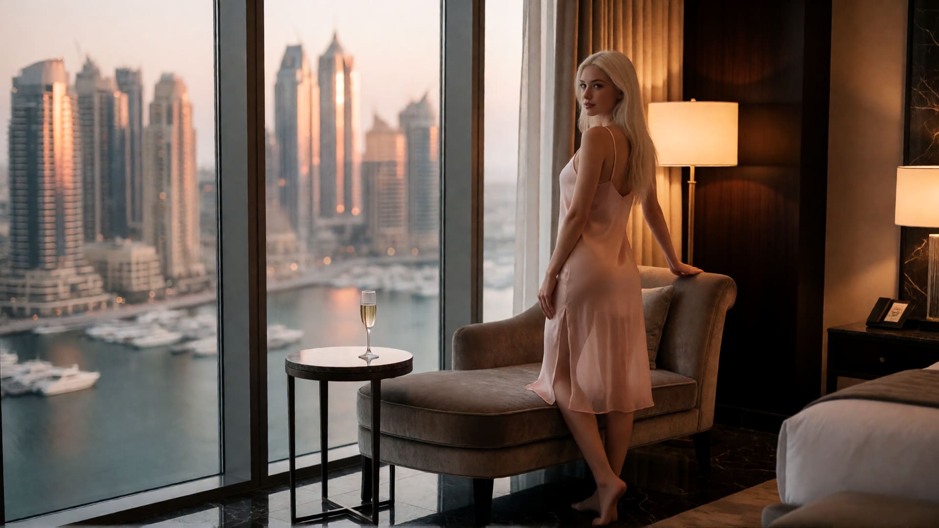 A beautiful young blonde woman in a blush silk slip stands barefoot in a luxury Dubai hotel suite at dusk, glancing over her shoulder, the marina skyline glowing in copper light beyond the glass.