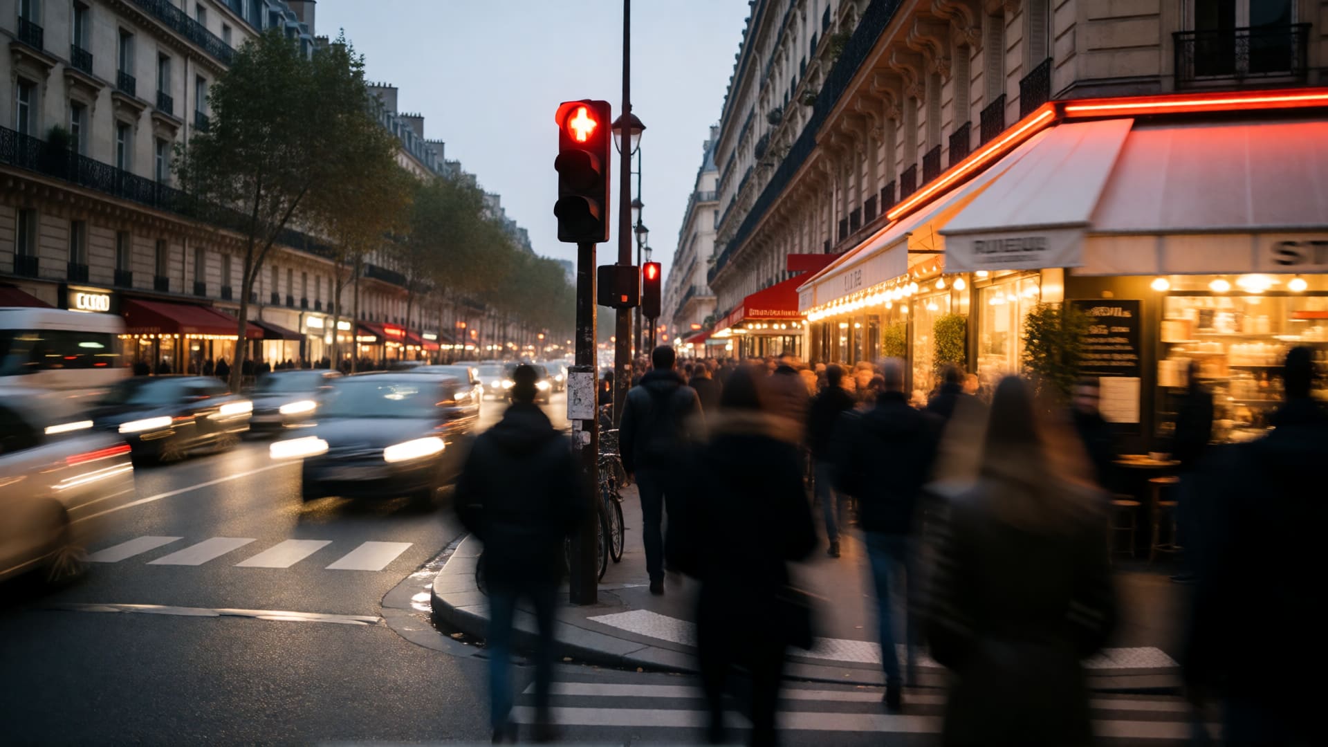 Busy Paris street at dusk representing the fast pace of last-minute arrangements