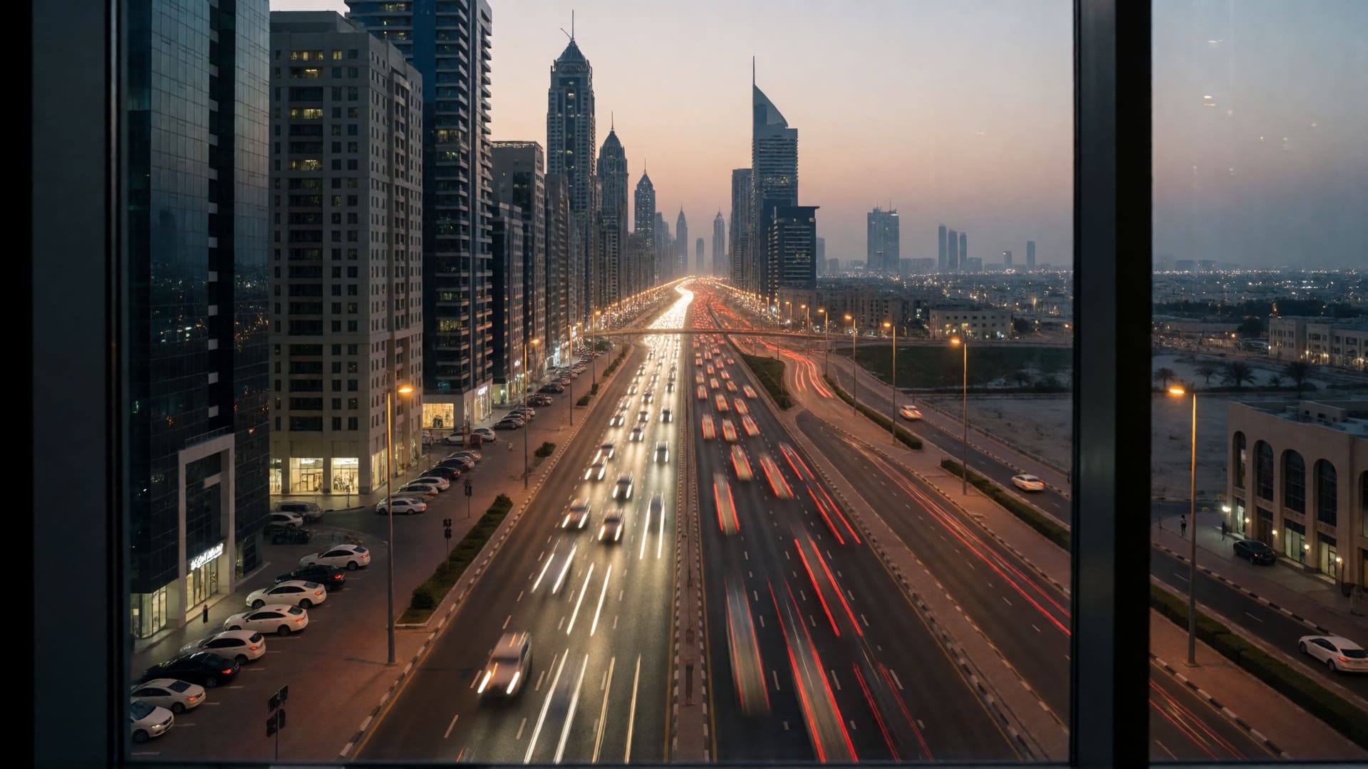 Dubai traffic at dusk viewed from a high-rise