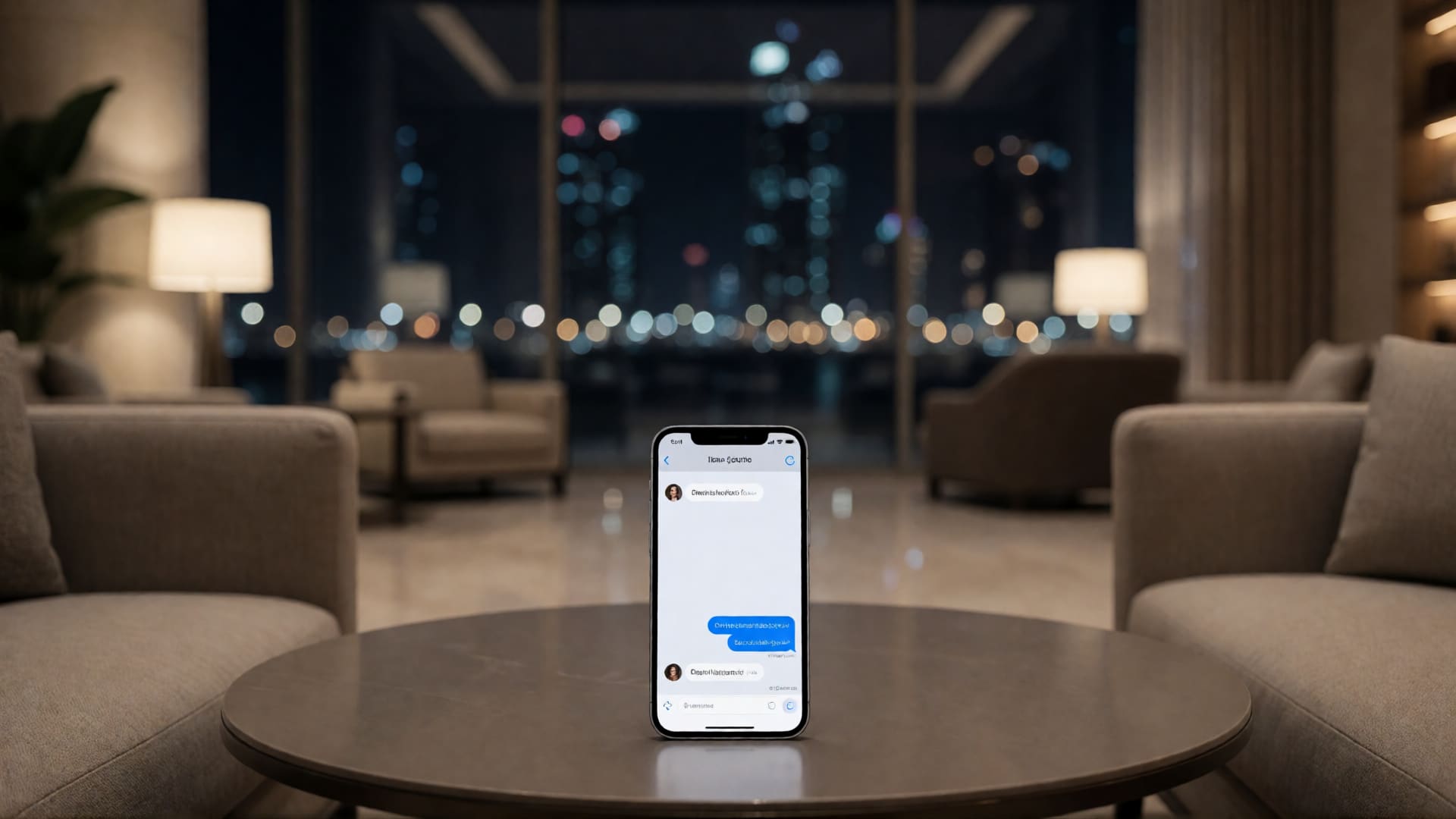 Smartphone on a table in a Dubai hotel lobby suggesting a last-minute booking